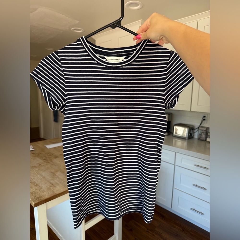 Club Monaco Navy and White Striped Short Sleeve Tee